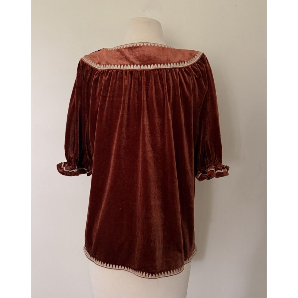THML Rust Orange Velvet Embroidered Split Neck Tassel Peasant Blouse Top Sz S - Picture 3 of 9